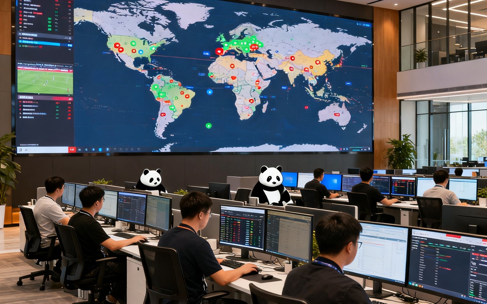 熊猫体育成都天府软件园总部办公室实景，开放工位区数十名工程师正在多屏工作站前处理全球赛事数据，墙面大屏实时显示全球赛事动态地图
